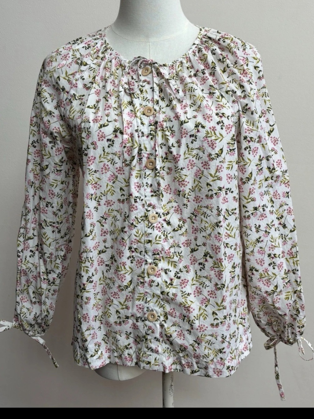 J. Crew White Button-Front Floral Blouse with Pink and Green Print